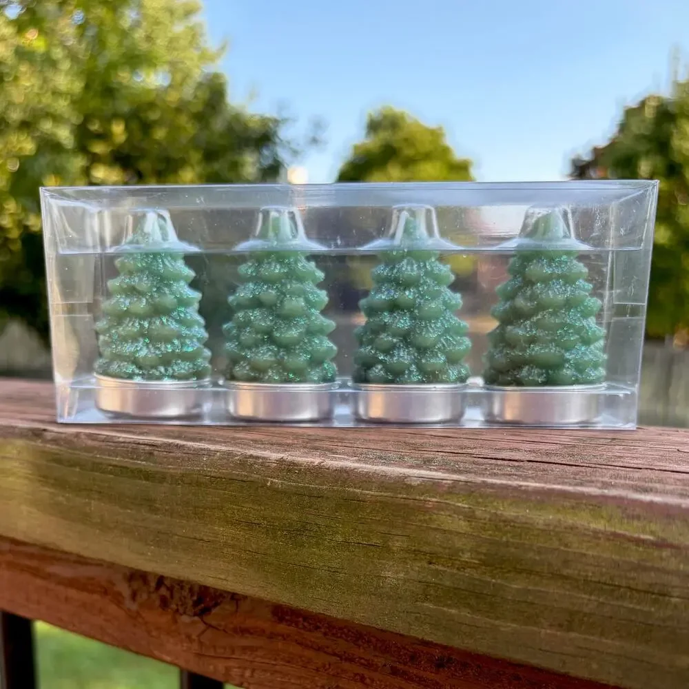 RARE New Holiday Christmas Tree Tealight Candles Glitter Green Pine Set 4 Pack